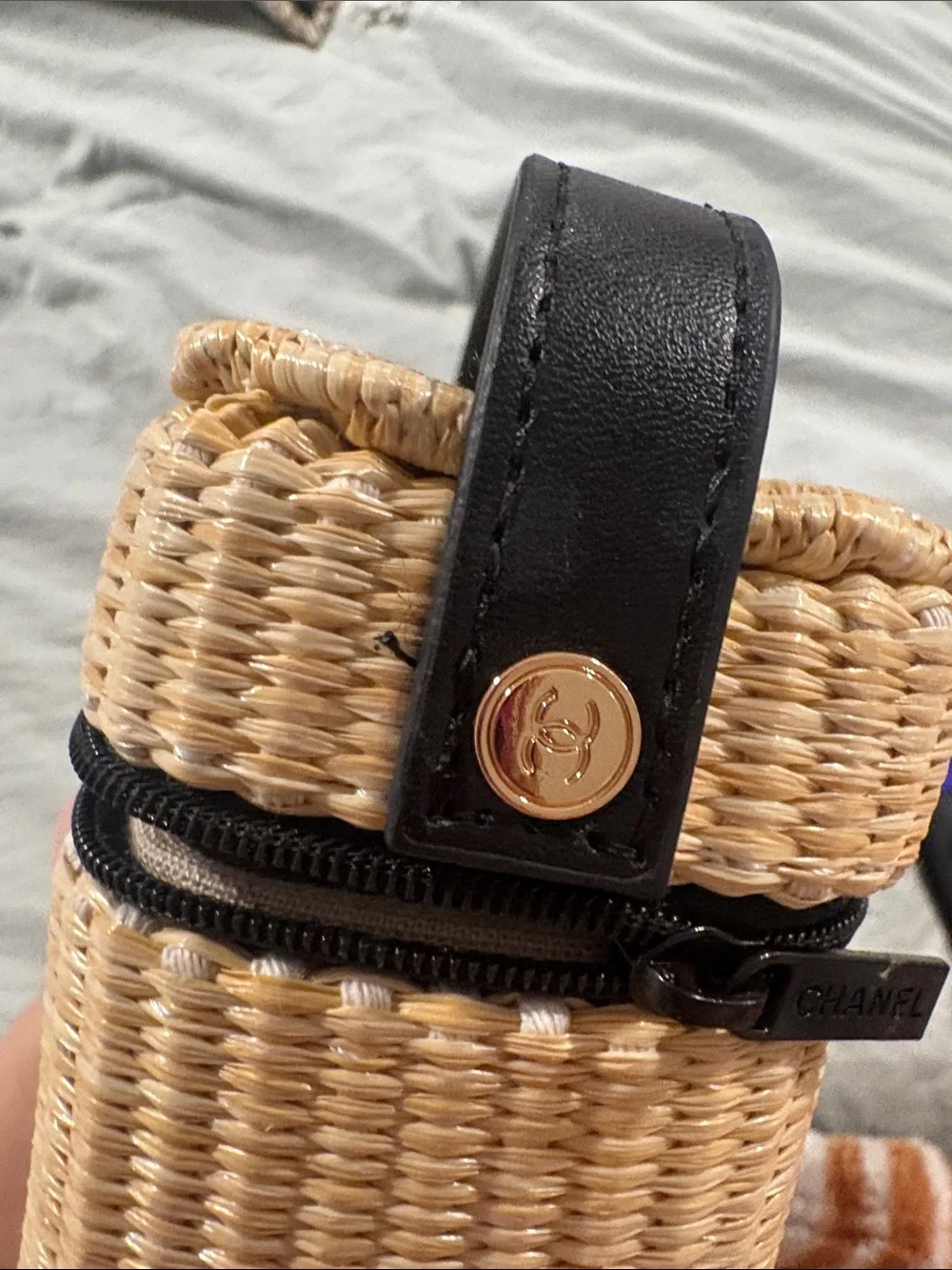 CHANEL Beauté Natural Straw and Black Trim Cosmetic Case with Gold Logo